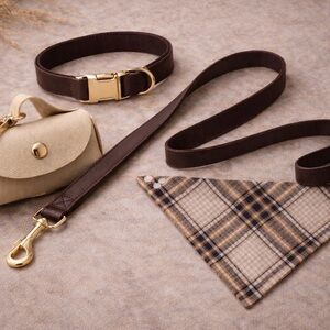 Luxury brown dog collar and leash set bundle with bandana and leather poop bag